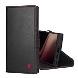 TORRO Samsung Galaxy S24 Ultra 5G 用スマホケース スタンド機能とカードポケット付きプレミアムレザーウォレットケース (ブラック)（アクセント・レッド）