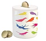 鳥コインボックスBank by Ambesonne、カラフルなシルエットSitting and Flying Birds Happiness Buddies Friends Animal Life、印