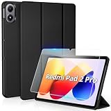[Redmi Pad 2 Pro 12.1インチ ケース ガラスフィルム セット]CACOE Redmi Pad 2 Pro/Xiaomi Poco Pad M1大型12.1インチディスプレ 2025用 ハードケース オートスリープ 三つ折り 耐衝撃 軽量 xiaomi タブレット カバー ブラック