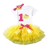 三番目の店　3PCS 赤ちゃんの女の子の満一歳誕生日パーティーの衣装　プリンセス　ちょう結び　ロンパー+スカート+ヘッドバンドセット (番号1＃イエロー)