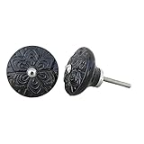 IndianShelfのセット2ハンドメイドセラミックブラックホイール花ドアPullsドレッサーハンドル引き出しノブ 20 Knobs 1.75" ブラック FCK-49-1-20