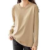 [Trnvco] 長袖tシャツ レディース【8.11オンス 綿100%】丸首 トップス オーバーサイズ 着痩せ カットソー 無地 クルーネック インナーシャツ 重ね着 ロングt ゆったり 部屋着 体型カバー 白 黒 グレー(M,カーキ)