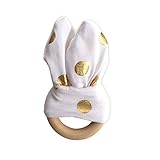 #1 Wooden Teether Ring With Plush Fabric Bunny Ears, Gold Polka Dots by Ayah Baby