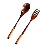 ospard木製持ち運び簡単ポータブル木製テーブルウェアセット – Spoon And Fork Set Long Handle withジュート文字列Wrapped 4セット（8個) kfs-009