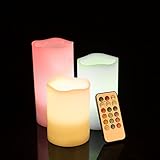 リアルなFlameless Candles LEDフレイムレスキャンドルアイボリーワックスの3のセット、マルチカラー変更電池式リモコン付きタイマー[ 6インチ、5インチ、4 " Tall ]