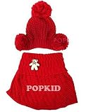あったか ケープ ニット帽 セッ ト クマ のブローチ付き キッズ 女の子 (3.レッド)