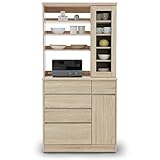 LOWYA （ロウヤ） 食器棚 キッチン収納 リアル木目調 ガラス扉 オープン収納 2口コンセント付き 可動棚 PVC仕上げ リバーシブル 上段Bタイプ＋下段Bタイプ 幅90cm オーク おしゃれ