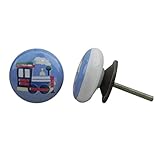 IndianShelfのセット2ハンドメイドセラミックKidsブルートレインフラットキャビネットノブワードローブPulls家具ハンドル 20 Knobs 1.5" ブルー CVK-13-2-20