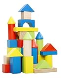 デラックス手作り木製ビルディングブロックセット – 50 Pieces – Includes Carryingコンテナ – Hardwood Plain & Coloredスタッキング木製ブロックfo