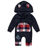 新生児幼児ベビーボーイズ女の子フード付き服長袖チェック柄ロンパースウィーツスーツパッチパーカーポケット付き0-24M (70)