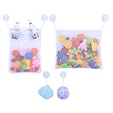 収納袋　掛け　浴室用　おもちゃ収納袋　６フック　２壁掛け袋　吸盤式　片付けネット　お風呂　メッシュバッグ 便利　耐用　セット　キッズ　小物収納 (ホワイト)