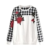 レディーススウェットシャツ、Napoo新しい格子柄刺繍花柄パッチワークカジュアルプルオーバーブラウス S ML_1769