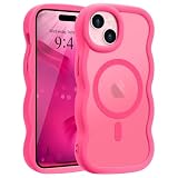 Pepmune iPhone 15 用 ケース MagSafe対応 ウェーブ 半透明 滑り止め おしゃれ 可愛い 韓国 耐衝撃 指紋防止 ワイヤレス充電 スマホケース ストラップホール付き（ローズレッド）