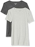 [Amazon Essentials] 2枚組 Tシャツ クルーネック スリムフィット 半袖 レディース ヘザーチャコール/ヘザーライトグレー L