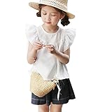 FEVON　ブラウス　キッズ　女の子　半袖　夏　フリル袖　ブラウス　トップス　子供服　ガールズ　カットソー　Tシャツ　無地　可愛い　ゆったり　ファッション　シャツ　通園　通学　フォーマル　カジュアル