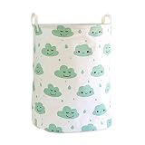 Fieans Largeコットンベビーストレージバスケット折りたたみ式Dirty Clothes Hamper Nursery Toysビンwithハンドル – グリーン雲、ホワイト