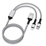 Haoano 2in1 充電ケーブル Lightning/USB-C 1.2M 急速充電 2.4A&3A USB-A ライトニングケーブル 2イン1 マルチ充電コード 2台同時給電可能 高耐久ナイロン編み 断線防止 iPhone 17/16/15/14/13/12/SE/Redmi14C/Xiaomi POCO X7Pro/F7/M7/Galaxy S25/S24 銀白色
