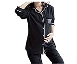 Asia Color コットンだから肌に優しい！ マタニティ 授乳口付き ルームウェア コットン 前開き 産前産後 セットアップ 全３色（ピンク、ブラック、ネイビー） (M, ブラック)