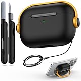 R-fun Airpods Pro 3用ケース（セキュアロック＆クリーニングキット付き）、Airpods Pro 3対応 ミュージックヘッドセット イヤホン保護ケースカバー、ブラック/イエロー