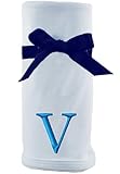 Princess Linens Embroidered Blue Initial Cotton Knit Blanket, V by Princess Linens