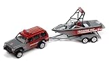 JOHNNY LIGHTNING 1/64 1998 ジープ チェロキー & ボート/トレーラー グレー/レッド "TRAVERSE BAY" 完成品ダイキャストミニカー JLSP352B