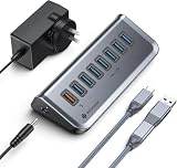 Yottamaster USBハブ 5Gbps高速データ転送 USBハブ電源付き 3.0(7 USB-A ポート 1 QC 3.0急速充電ポート18W) USB3.2 Gen1ハブ 12V/3A AC電源アダプタ PS5 iMac MacBook Air/Pro Surface Proなどのノートパソコンに対応(2-in-1 Type-Cケーブル付 0.5m)