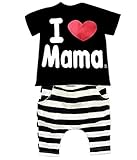 Nice Days（ナイス　ディズ）　I LOVE MaMa ベビー服　　可愛いTシャツ　男女兼用　Tシャツ+パンツ　2点セット　 (90, ブラック)