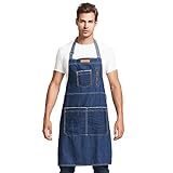 エプロン デニム 男女兼用 軽量 料理エプロン 業務用エプロン 調理用 作業用 ユニフォーム 多機能ポケット 長さ調整可能な首紐 インディゴブルー