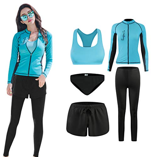 水着 レディース ラッシュガード 長袖 レギンス フィットネス 水陸両用 ショートパンツ タンキニ ビギニ 体型カバー 1778五点セット M(実際Sに相当)
