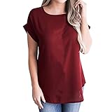 Hosam レディース 洋服 トップス 半袖 Tシャツ シフォン 無地 シャツ 爽やか ゆったり 快適 女子 洋服 カジュアル おしゃれ Hosam 夏 ファッション (M, レッド)