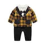 Domybest ベビー服　ロンパーススーツ フォーマル セレモニーロンパース オーバーオール チェック柄　男の子 紳士服　コート　ロンパース　上下セット 長袖 ジェントルメン蝶結び 新生児 幼児 結