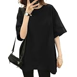 [SLEEPSINERO] 【骨格ストレートの着痩せ！】 tシャツ レディース 半袖 ゆったり 体型カバー ティーシャツ 夏服 大きいサイズ 吸汗速乾 クルーネック 通気 防臭 蒸れない レディーストップス 夏 カットソー ロング 5分袖 おしゃれ (2XL,ブラック)