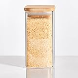 ComSaf 300ml 調味料入れ ガラス 砂糖入れ 塩容器 密閉 1個セット キャニスター スパイスボトル 竹製蓋付き 4枚のDIYラベル付き 片栗粉 容器 調味料ボトル キッチン収納