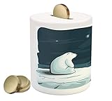 冬Piggy Bank by Ambesonne、漫画スタイルHand Drawn Polar Bear In The Arctic Staring At The Moonイメージ印刷、印刷セラミック