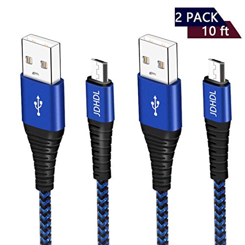 JDHDL Micro USBケーブル 2本パック 10フィート 超長耐久性 高速安全 充電 データ同期コード アルミニウム合金 ナイロン編組 Windows/MP3/カメラ/Kindle/Samsung Galaxy S7用 (ブラック&ブルー、10フィート)の表紙