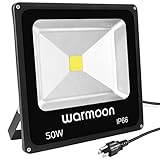 Warmoon Outdoor LED Flood Light, 50W Daylight White 6500K Waterproof Security Lights with 3-Prong US