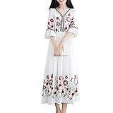 [JINPIN] レディース ワンピース リゾート ロングワンピース?マキシドレス 刺繍 マタニティ ロング丈 花柄ワンピース ドレス 民族風 体型カバー 刺繍 7分袖?エスニック 大きいサイズ ｖネック ゆったり 二の腕カバー 綿麻 リネン (ホワイト,Ｆ)