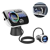 FMトランスミッター 【技適認証済】Bluetooth 5.0 Siri&anroid Assistantに対応 車載トランスミッター【吹出し口＆ダッシュボードとも適用】ハンズフリー通話 QC3.0急速充電2USBポート カーチャージャー 7色変換ledライト bluetooth/TFカード/Aux-in音楽再生対応 CVC6.0ノイズ軽減360°調整可能 電圧測定12～24V車対応 【日本語説明書付】