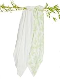 MuslinZ Large Bamboo/Organic Cotton Muslin Square Wrap for Swaddle (120 cm, White/Green Leaf Print b