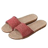[Confis] スリッパ リネン 亜麻 室内 ルームシューズ 軽量 前開き 滑り止め 厚底 涼感(L・レッド)