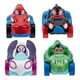 Jazwares Marvel Spidey and His Amazing Friends Amazing Metal 4個パック - キャラクター内蔵3インチダイキャスト恐竜ウェブ車両4台。