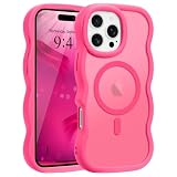 Pepmune iPhone 16 Pro 用 ケース MagSafe対応 ウェーブ 半透明 滑り止め おしゃれ 可愛い 韓国 耐衝撃 指紋防止 ワイヤレス充電 スマホケース ストラップホール付き（ローズレッド）