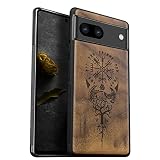 Carveit Google Pixel 7a 木製 ケース [天然木&ブラックソフトTPU] グーグルピクセル 7a ケース 耐衝撃 ピクセル7a カバー レーザーアート彫 ワイヤレス充電対応 Pixel 7a ケース(ウォールナット-バイキングのコンパス)
