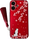 KOLO【猫と桜】iPhone対応 16 スマホケース ねこ ネコ 和柄 かわいい イラスト カバー(赤) iPhone16