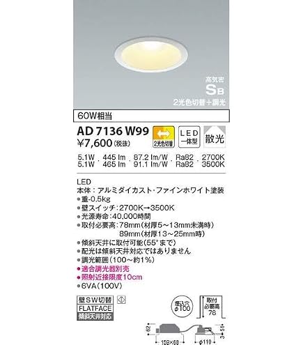 Amazon.co.jp: コイズミ LEDダウンライト 高気密SB 防雨防湿 100W相当