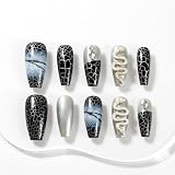 Sun&Beam Nails ハンドメイド ネイルチップ ミディアムコフィン ブラック シルバー クラックデザイン 蛇モチーフ 立体パーツ 微細ラメ つけ爪 10枚 (#007 M)