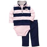 カーターズ（Carter's）女の子用ベビーピンクx紺ボーダー&ハートアップリケ付きフリースベスト上下3点セット 3months(55-61cm) 長袖ボディースーツ,紺フリースパンツ,出産祝い,ジャ
