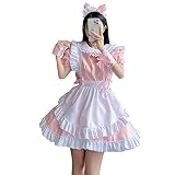 [YUEEI] メイド服 猫 胸空き レース コスプレ ハロウィン 仮装 ロリータ ワンピース 半袖 可愛い パーティー イベント カチューシャ 演出服 ニーハイソックス付き 5点セット (M, ピンク)