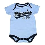 Milwaukee Brewers幼児サイズ3 – 6ヶ月DistressedスクリプトWordmark &チームロゴOnesie /ボディスーツ – ホワイトクリーパー