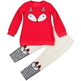 ARAUS　子供　2点セット　Tシャツ+カラー切り替えズボン　ロックパンツ　上着　トプッス　動物　印刷　フォックス　キッネ　耳　3D　女の子　キッズ　ガルーズ　ベビー　レッド　運動　散歩　お遊び　春　